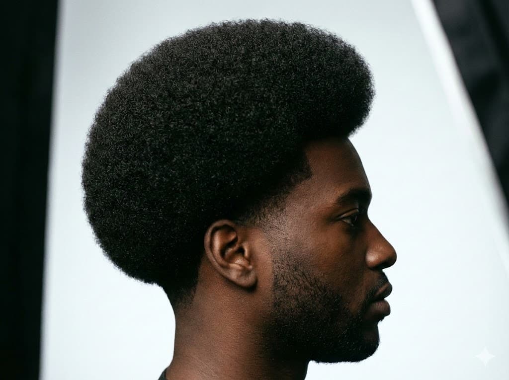 Low Taper Fade Afro defined circular silhouette with precise temple fade enhanced sophistication, round square faces casual street art style