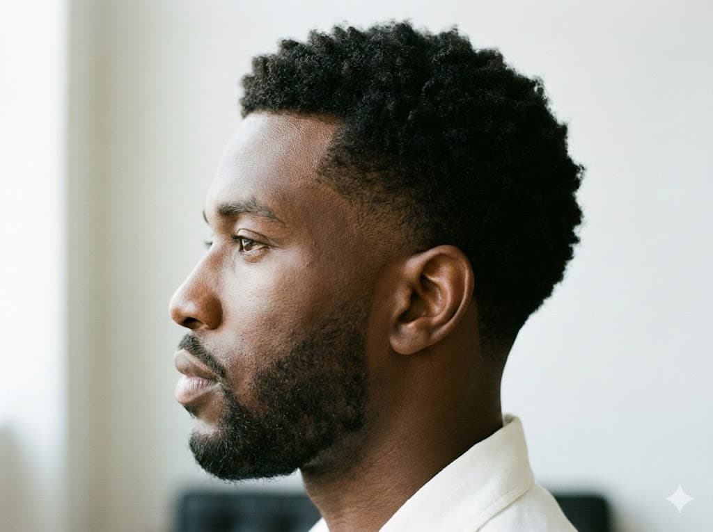 Low Taper Fade Black Male sharp crisp line-up with tight fade waves texture preserved, all face shapes versatile styling workplace street style