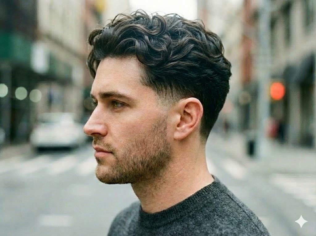 Low Taper Fade Wavy Hair natural flow movement with clean tapered sides relaxed texture, oval diamond faces beach casual business casual style