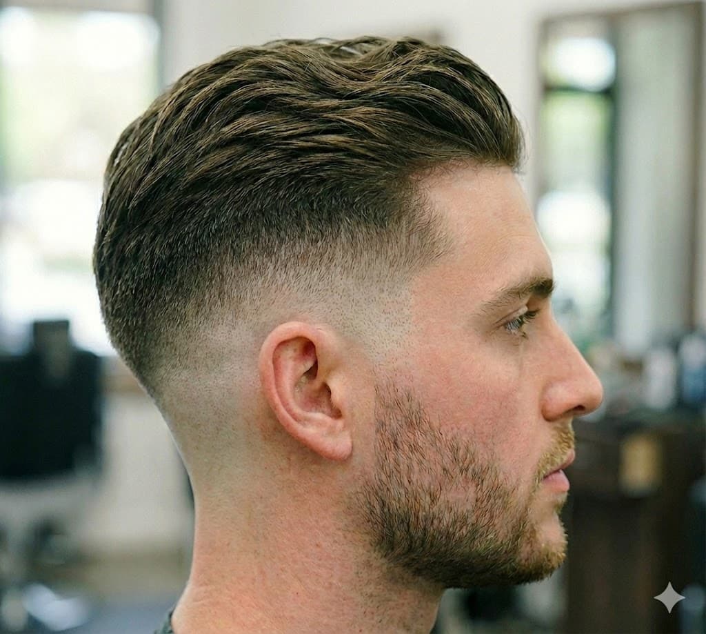 Drop Fade curved line dropping behind ear creating visual interest and dynamic movement, oval diamond square faces subtle sophisticated detail-oriented style