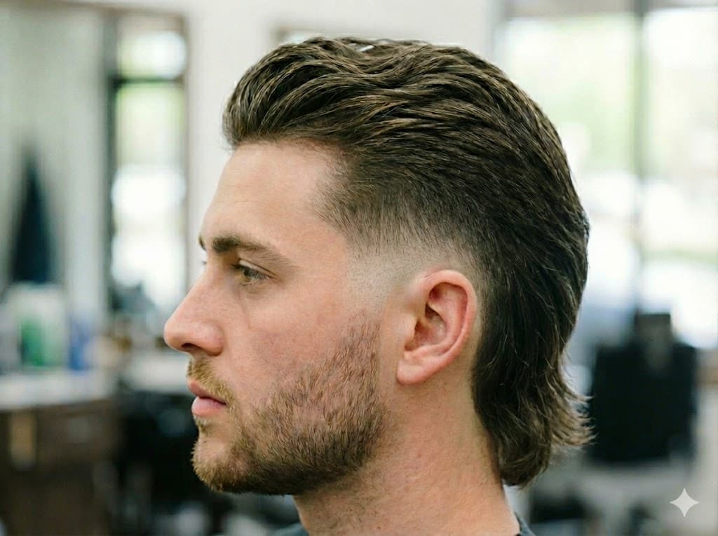 Mullet Fade business front party back modernized with faded sides and long dramatic back, oval square heart faces bold unconventional rebellious style