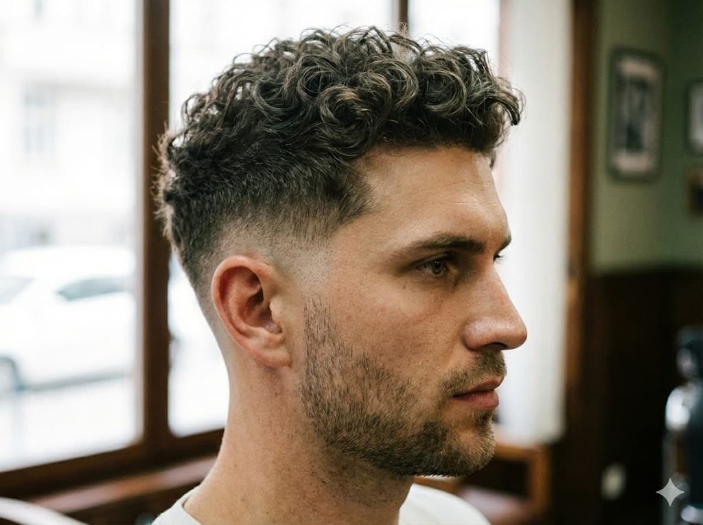 Mid Taper Fade Curly Hair further reduces curly volume on sides avoiding wide head, round square faces casual sport style